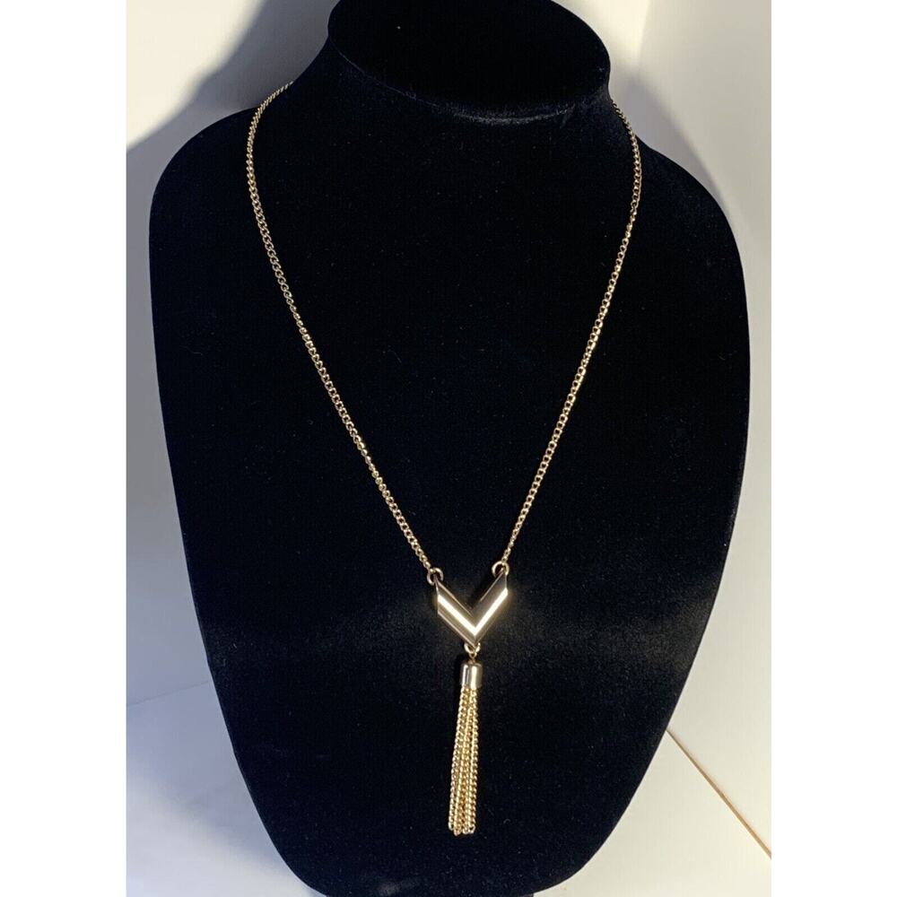 Retro Gold Tone Cable Chain Y Drop Chevron & Metal Tassel Statement Necklace